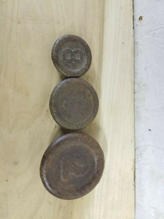 3 Antique Cast Iron Balance Scale Weights 2 Lb,  1 Lb,  8 Oz