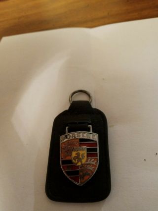 Vintage Porsche Keychain Made In England Top Grain Leather Fob Ring Key Holder