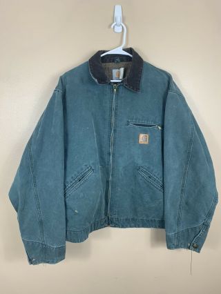 Vintage Carhartt Detroit Blanket Lined Jacket Xl J14 Htg Teal Green Usa Made 90s