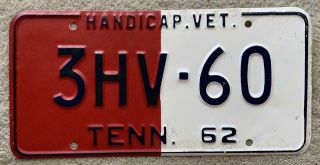 Tennessee 1962 Handicap Veteran License / Number Plate
