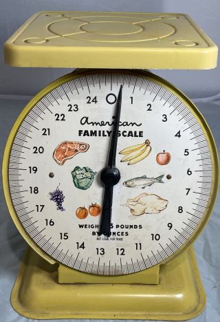 Vintage Mid - Century American Family Food Kitchen Scale 25 Lb.  Pound Metal Yellow