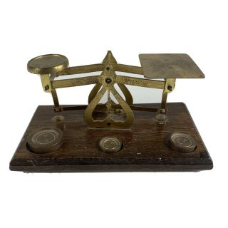 Vintage Brass & Wood Balance Scale Measure W/3 Weights Made In England