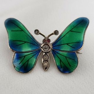 Vintage Sterling Silver Enamel & Crystal Butterfly Brooch