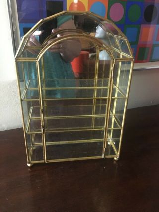 Vintage Rectangular Multi - Level Brass Mirror Glass Curio Cabinet Display Case