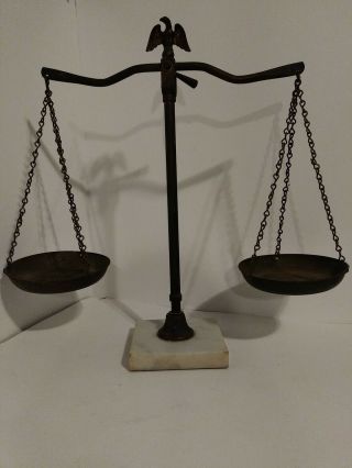 Vintage Brass Balance Scale Of Justice Eagle On Top Marble Base 16” Tall