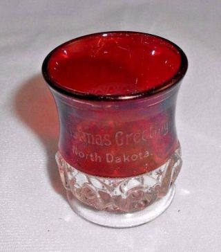 Vtg Souvenir North Dakota Christmas Greetings Ruby Flash Glass Toothpick Holder