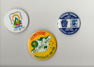 3 Pin Back Buttons - " 73 Jamboree & 1987 & 99 World " - Boy Scout Bsa G&w/4 - 26
