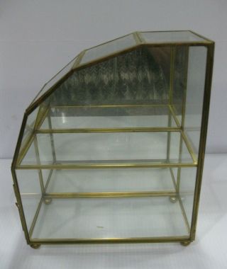 Vintage Brass & Glass Mirrored Back Display Case 9 1/4 " Slant Side Footed Hang