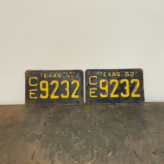 1952 Texas License Plate Pair Ford Chevy Plymouth Ce 9232 Yom