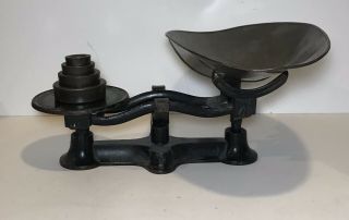 Antique Cast Iron Balance Scale W/ 4 Weights And Scoop