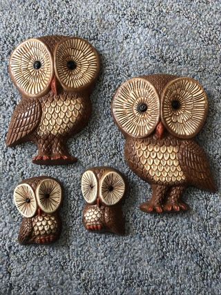 Vintage Homco Owl Wall Plaques Set Of 4 Home Interior Foam Brown Cream 1970’s