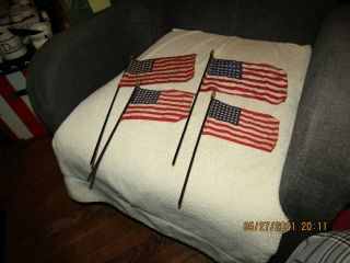4 Vintage Pre - 1960 " Faded Old Glory " American 48 Star Flags On Staffs.