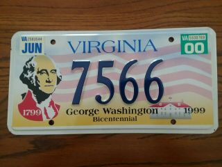 Virginia 2000 George Washington Bicentennial License Plate Number 7566