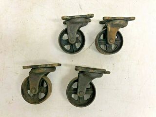 Vintage Industrial Caster Wheels Set Swivel Base Metal Factory Cast Iron Steel 4