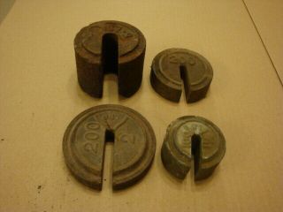 4 Antique Vintage Store Cast Iron Scale Weights - 1 1/2 Lb,  2 Lb,  5 Lb