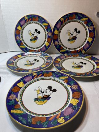 Disney Mickey Mouse Salad Plate Vegetable Rim Set Of 5 Stoneware Dishwasher Safe