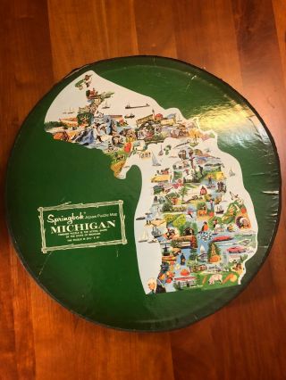 Vintage 1969 Springbok State Of Michigan Puzzle Contour Shape Round Box Complete