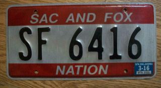 Single Sac And Fox Nation Of Oklahoma Tribal License Plate - 2016 - Sf 6416