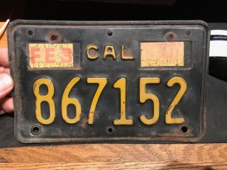 Vintage California Ca Motorcycle License Plate Black & Yellow 1977 Sticker Rod