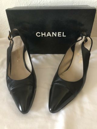 Chanel Vintage Sandals W/original Box Black Sling Back Style Leather Size 8.  5