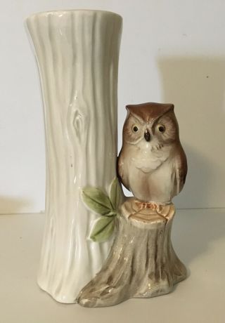 Vintage Otagiri Porcelain Owl On A Tree Stump Vase Japan Hand Painted 1983