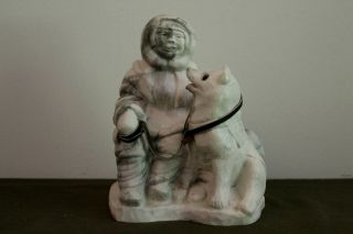 Inuit Style Soapstone Carving Man Husky Dog White Grey Aarktic Sculptures Canada