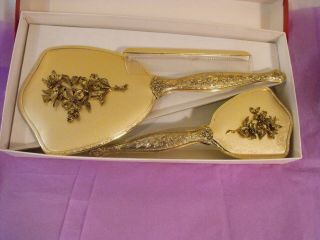 Vintage Gold Vanity Mirror Set Handheld Mirror And Victorian Style Nylon Brush