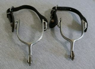 Pair Vintage Leather Hand Engraved Western Spurs Stainless Steel Rowels