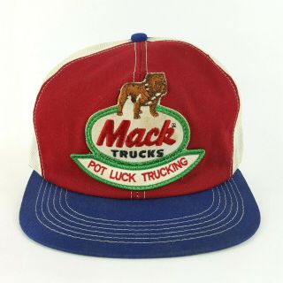 Vtg 80s Mack Truck Pot Luck Trucking Mesh Usa Trucker Hat Snapback Patch Cap