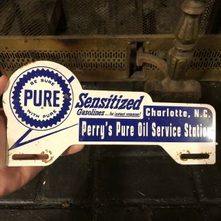 Vintage Perry’s Pure Oil Service Pure Gasoline Metal License Plate Topper Sign