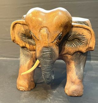 Vintage Hand Carved Solid Wood African Elephant Footstool Low Plant Stand 7.  25 "