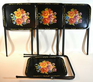 Set Of 4 Vintage Mid Century Modern Metal Black Floral Toleware Tv Trays