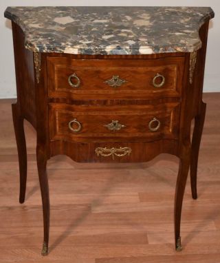 1910s Antique French Louis Xv Walnut Marquetry Inlay & Marble Top Nightstand