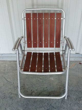 Vintage Mid Century Modern Aluminum Folding Chair Redwood Patio Lawn Chair