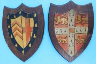 2 Fine Arts & Crafts Gothic Hand Painted Heraldry Shields On Oak Plaques 1900s