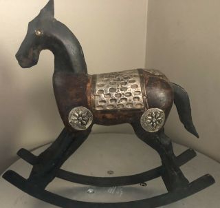 Vintage Handmade Wood & Metal Rocking Horse Primitive Art Figurine