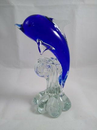 Cobalt Blue Blown Glass Dolphin Breaching From Water - Murano Style Paperweight