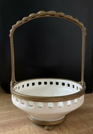 French Vintage Porcelain Trinket Basket Metal Rim & Handle,  Marked From Estate