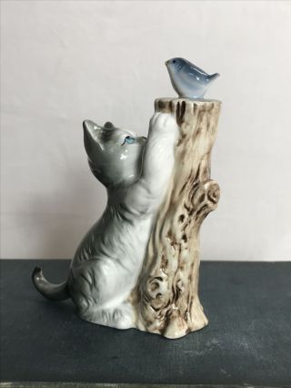 Vintage Cat / Kitten Playing With A Bird On A Log Bone China Figurine Ornament