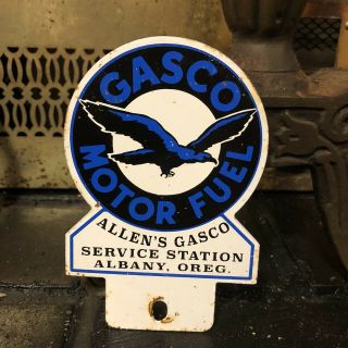 Vintage Gasco Motor Fuel Metal License Plate Topper Sign