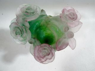 Vtg Daum France Pate de Verre 7” Roses Vase Pink & Green 2