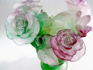 Vtg Daum France Pate de Verre 7” Roses Vase Pink & Green 3