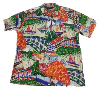 Vtg Polo Ralph Lauren Sail Boat Hawaiian Button Up Shirt L Stadium 92 93 Bear