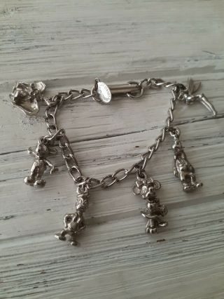Vintage Walt Disney Productions Charm Bracelet Mickey Minnie Silver Tone Chain