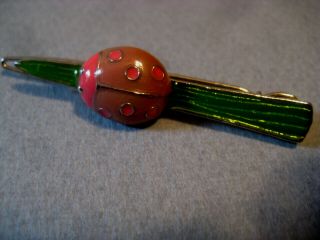 Ladybug Vintage Barrette Enamel Green Leaf Pink Brown Hair Clip