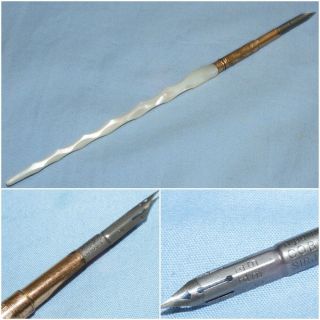 Antique Dip Quill Pen Twist Design Mother Of Pearl & Gold Ef 2560 Cobden Nib