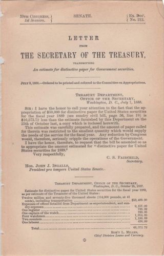 Letter From Secretary Of The Treasury 1888 Distinct Paper Government Securities