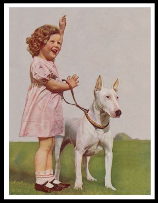 English Bull Terrier And Little Girl Charming Vintage Style Dog Print Poster