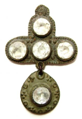 Ancient Very Rare Medieval Bronze Pectoral Cross Pendant With Five Stones