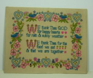 Vtg Paragon Crewel Embroidery We Thank Thee God Blessing 20x16 Mod Kitsch Floral